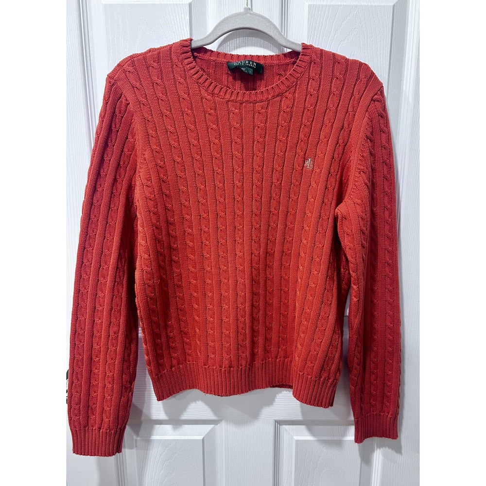 Lauren Ralph Lauren Cable Knit Crew Sweater Cotton Women's Large Orange Preppy